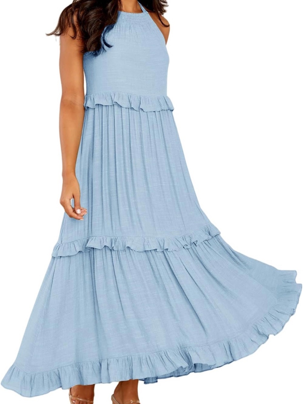Light Blue Ruffled Halter Maxi Dress